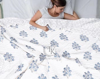Couverture en coton imprimé floral fait main, courtepointe : Jaipuri Razai indien léger