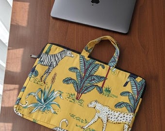 Hand Block Print Quilted Laptop Bag, Padded Cotton Sleeve, Boho Tote Women (15.6 Inch)