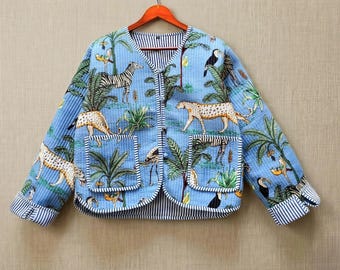 Handmade Quilted Cotton Jacket, Safari Print Boho Style Coat
