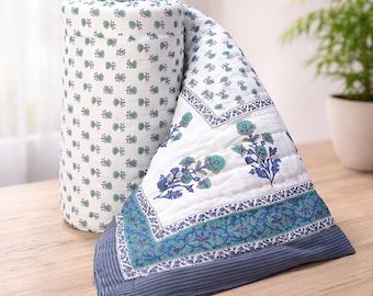 Jaipuri Block Print Cotton Quilt, Reversible Blue Green Floral Indian Dohar, Summer Blanket