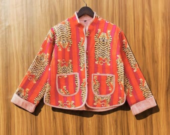 Handmade Quilted Cotton Jacket, Safari Animal Print, Boho Vintage Style Coat