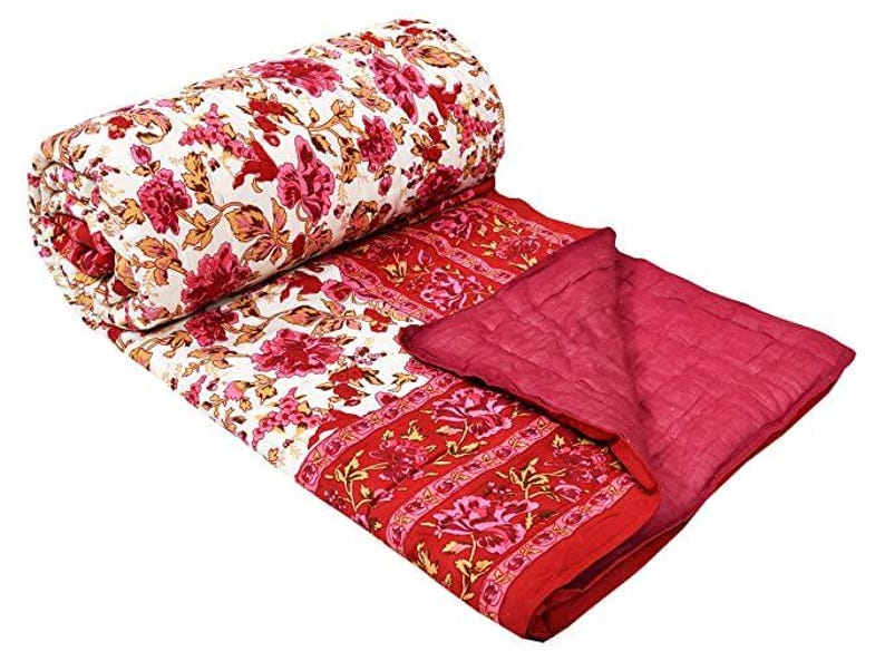 Red Razai Hand Block Print Cotton Quilt, Red Floral Indian Jaipuri Razai King ...
