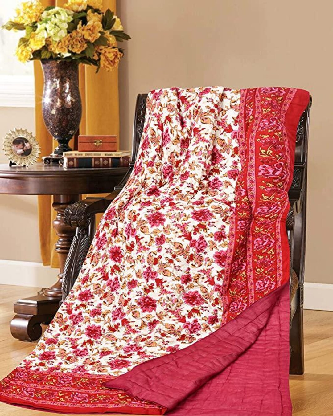 Red Razai Hand Block Print Cotton Quilt, Red Floral Indian Jaipuri Razai King ...
