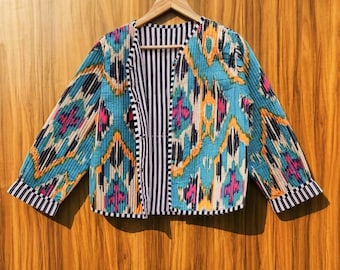 Handmade Quilted Cotton Jacket, Safari Print Boho Coat, Lightweight Vintage Style Fall Outerwear