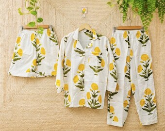 White Cotton Floral Pajama Set, Hand Block Print Sleepwear, Summer Lounge Nightwear