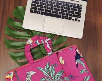 Hand Block Print Quilted Cotton Laptop Sleeve, Boho Handle Tote Bag (15.6 Inch)