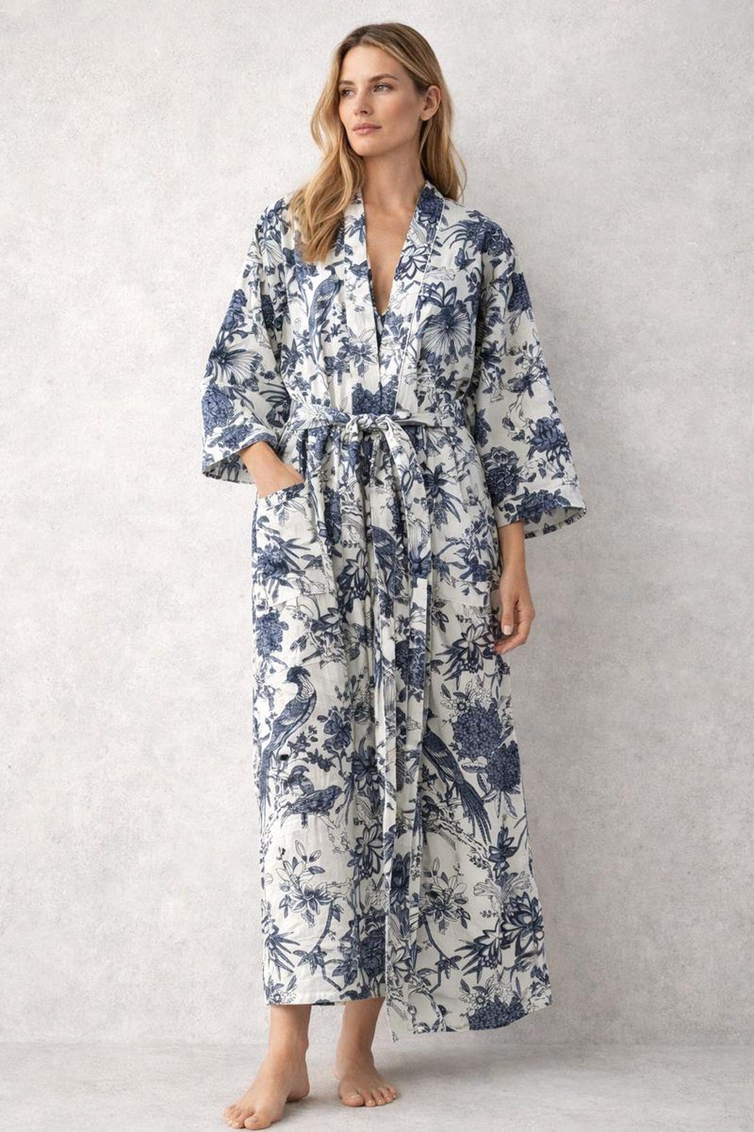 Block Print Robe Blue Floral Cotton Kimono Robe - Hand Block Print Long Robe ...