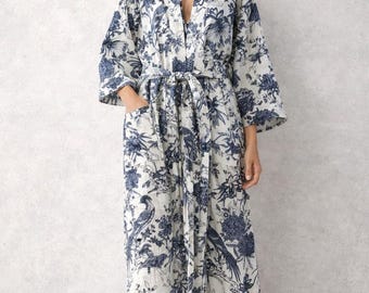 Hand Block Print Cotton Kimono Robe | Blue Floral Bird Loungewear