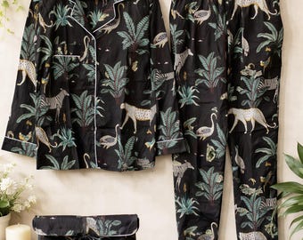 Women's Cotton Pajama Set, Jungle Animal Print Sleepwear, Tropical Night Suit, Lightweight Loungewear