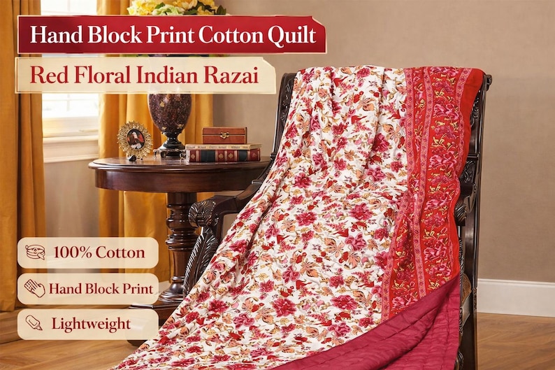 Red Razai Hand Block Print Cotton Quilt, Red Floral Indian Jaipuri Razai King ...