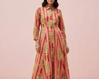 Coral Red Block Print Cotton Maxi Dress, Indian Ethnic Floral Shirt Style McBride