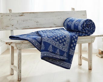 Handmade Indigo Cotton Quilt - Jaipuri Floral Print Reversible Bedspread