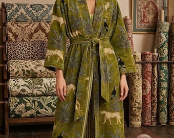Bata kimono de terciopelo – Ropa de estar por casa con estampado de selva verde, bata de spa tropical