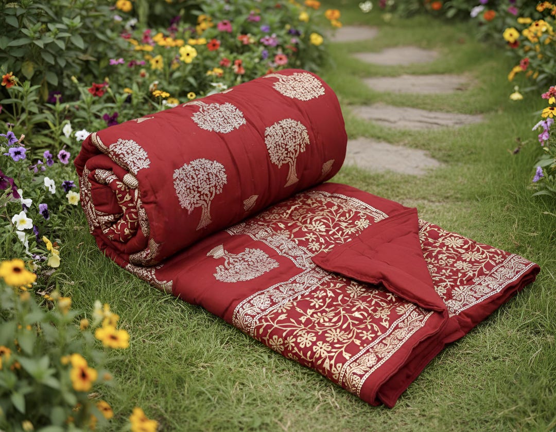 Red Razai Hand Block Print Cotton Quilt, Red Floral Tree Jaipuri Razai,blanket - Etsy