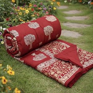 Hand Block Print Baumwoll Quilt, Rote Blumen Baum Jaipuri Mazedonien