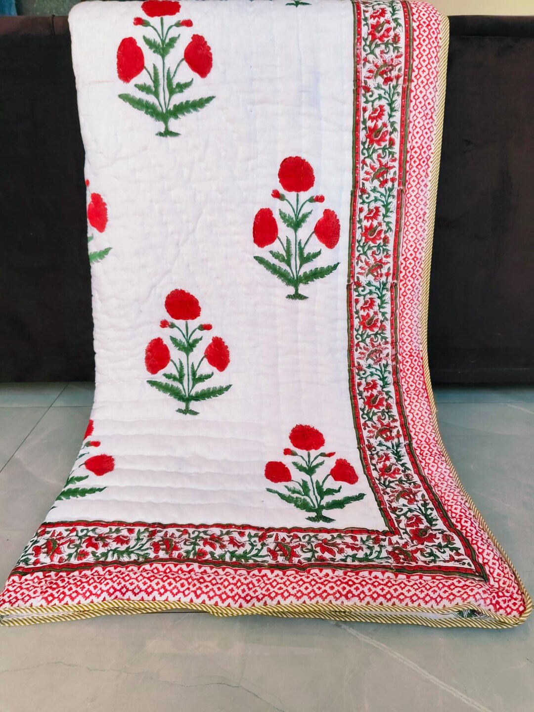 Red Razai Hand Block Print Quilt, Red Floral Indian Razai, 100% Cotton Hand ...