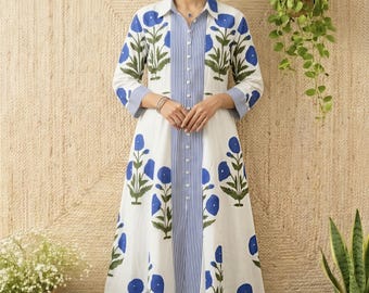 Floral Hand Block Print Cotton Kimono Robe, Blue Poppy Design, Lightweight Summer Bathrobe