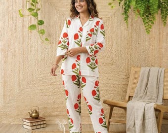 White Cotton Floral Pajama Set, Hand Block Print Sleepwear, Summer Lounge Nightwear