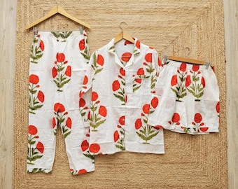 White Cotton Floral Pajama Set, Hand Block Print Sleepwear, Summer Lounge Nightwear