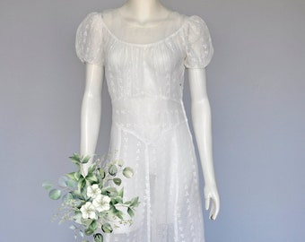 vintage 1930s white organza dress w/ floral embroidery wedding S/M