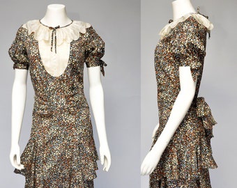 vintage 1930s floral dress with ruffled collar XS-M