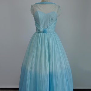 vintage 1950s spectacular ombre blue pleated maxi party dress XS