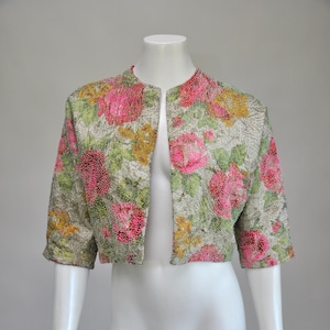 Vintage 1950er Jahre schwer perlenbesetzte florale lame Jacke Shrug XS / S / M