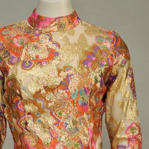 Vintage 70er Jahre florales Goldmetallic Boho Partykleid XS-M