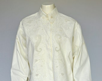 antique teens 1920s white linen embroidered button down shirt S-L