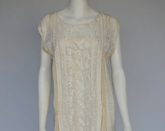 antique 1920s embroidered net ivory silk shift dress wedding S-L