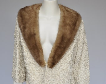 vintage 1950s ribbon jacket sweater with mink collar M/L/XL