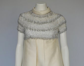 vintage 1960s mod sequin beaded ivory silk party dress XXS