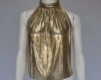 vintage 1970s gold mesh halter top shirt ONE SZ