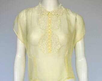 vintage 1940s sheer yellow blouse w/ collar and crochet lace detail M