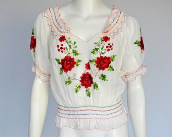 vintage 1930s Hungarian floral embroidered folk blouse XS-M