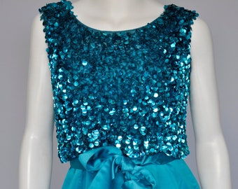 vintage 1960s silk satin gown | aqua blue sleeveless sequined dress | shimmery paillette top, bow detail XS