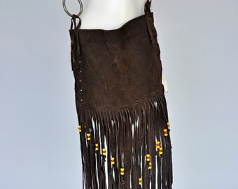 vintage 1960s brown leather fringe crossbody bag w/ beading