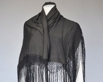 vintage edwardian shawl | 1920s black silk shawl |  20s silk fringe wrap | square, one size