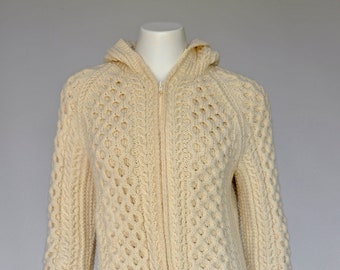 vintage Una O'Neill Ivory Hand Knit Hooded Cardigan Pockets XS-M