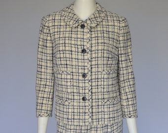 vintage 1960s creamy white and navy windowpane check Davidow skirt suit S/M