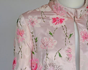 vintage 1960s pink silk embroidered robe wedding XS/S/M