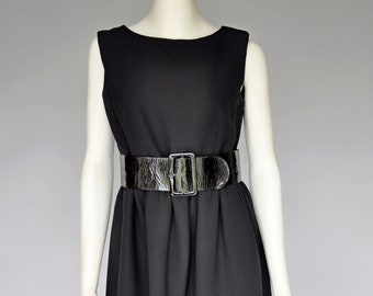 vintage 1960s black Norman Norell belted sleeveless dress M/L