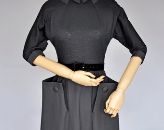 Vestido negro vintage de los años 40 con bolsillos XS