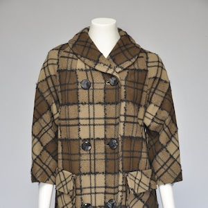 abrigo a cuadros mod marrón vintage de la década de 1960 con bolsillos S-L