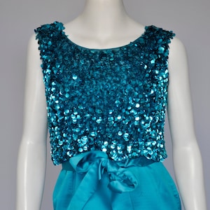 Vintage 1960s Silk Satin Gown: Aqua Blue Sequin Dress, Bow Detail XS
