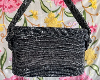 vintage 1940s black beaded box purse handbag w/ handle