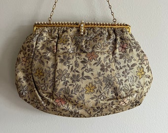 vintage 1930s floral lame purse with chain handle & faux pearls