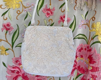 Bolso de mano vintage de los años 50 con cuentas blancas y tostadas, para boda o algo azul.
