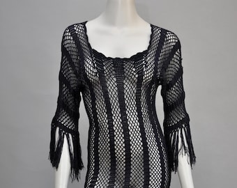 Vestido antiguo de crochet de rayón de los años 20 en azul marino intenso con detalle de flecos (tallas XS-M)