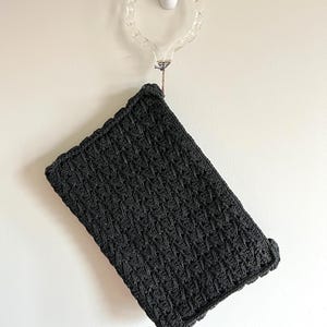 vintage 1940s black crocheted purse with Lucite clutch handle